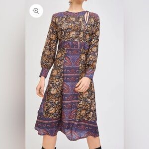 Antik Batik Vintage Silk Boho Chic Paisley Midi  Long Sleeve Dress Size Medium